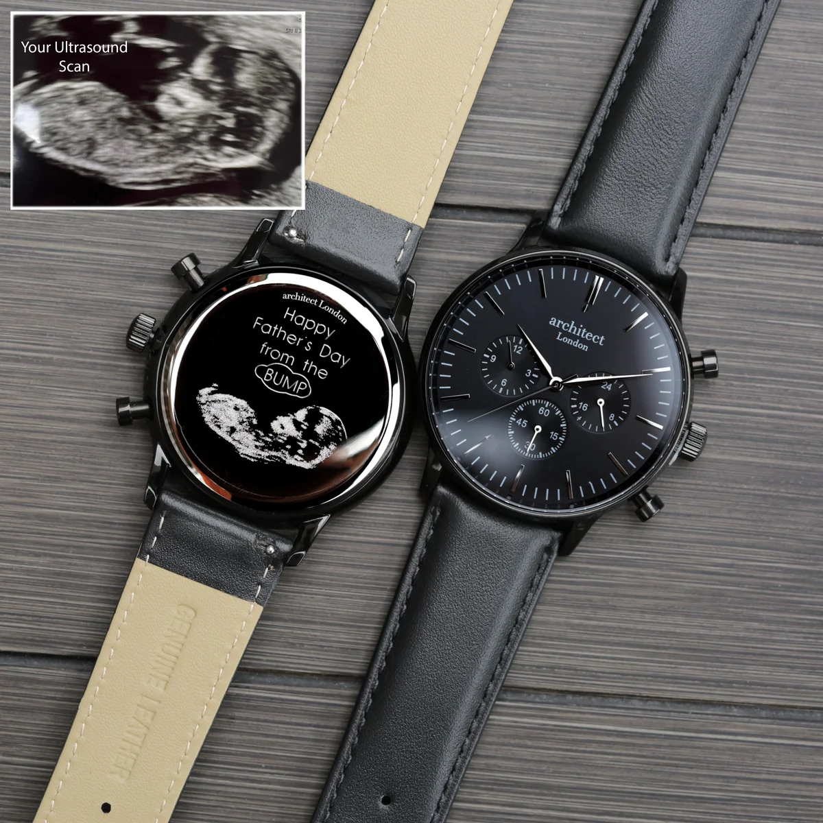 Men’s black leather strap watch with black face, three chronograph subdials, and polished stainless steel case