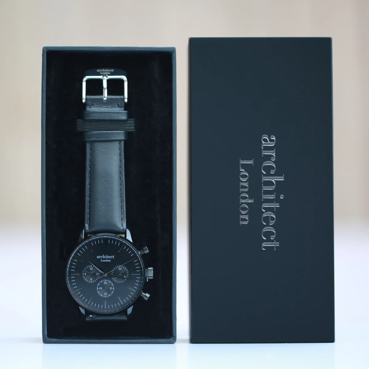 Black Architect Motivator watch with black leather strap, chronograph dials, designed as an everyday use watch