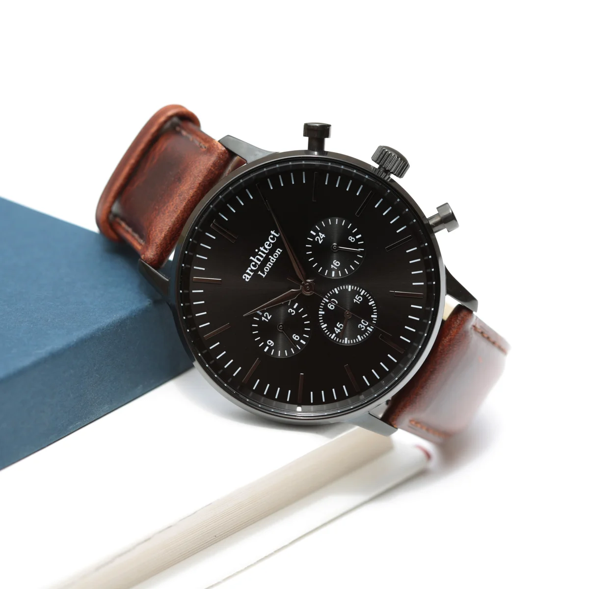 Men's leather strap watch with black dial, walnut brown genuine leather band, three chronograph subdials, stainless steel case