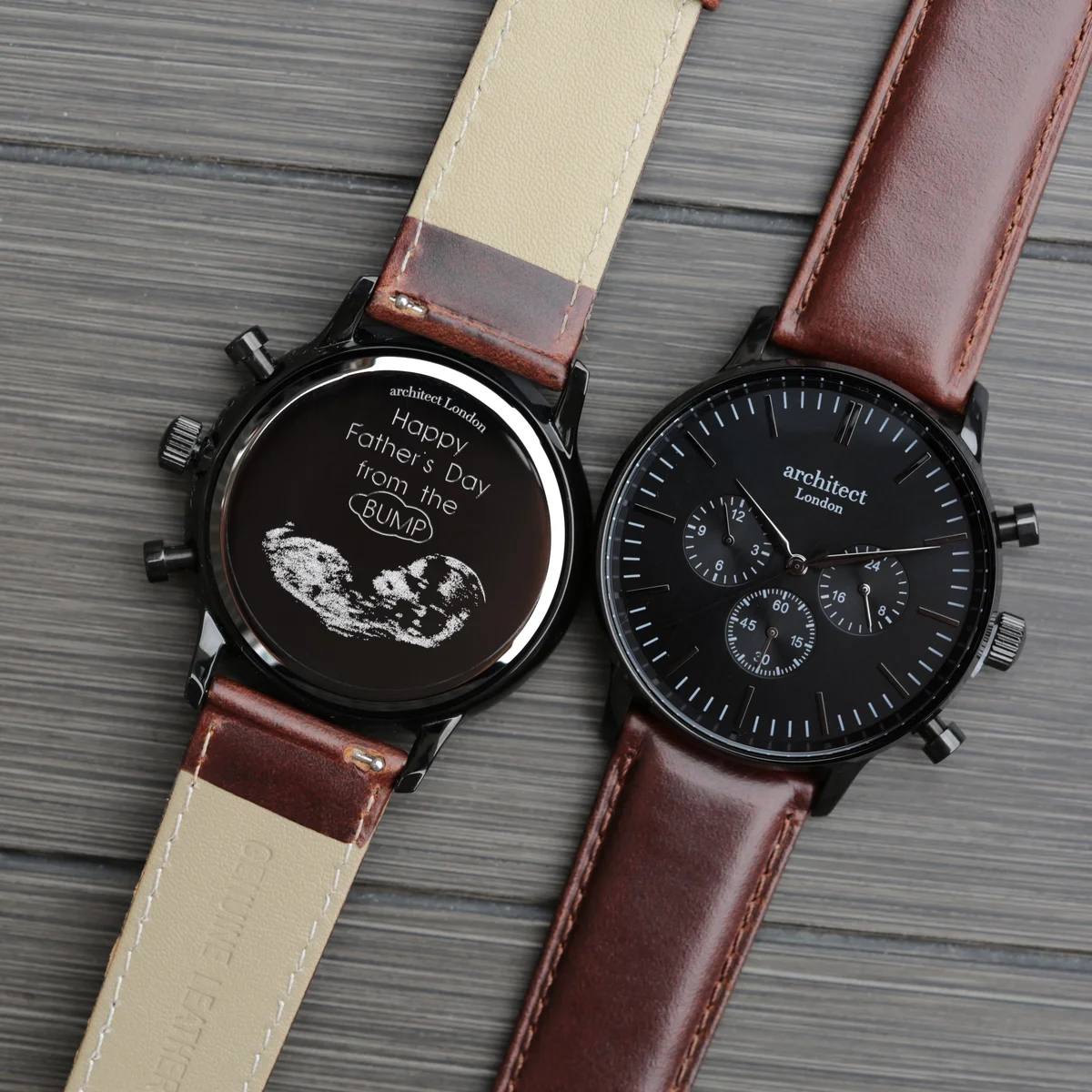 Men's personalised watch with black dial, three chronograph subdials, and dark walnut leather strap on white background