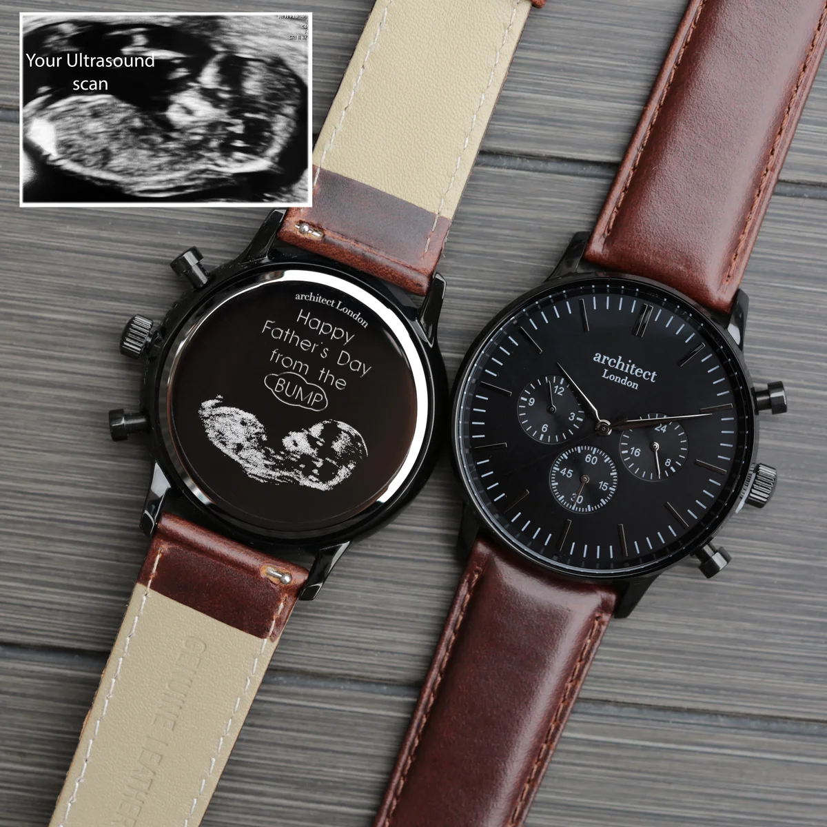 Black dial leather strap watch with walnut brown genuine leather and three chronograph subdials on wrist