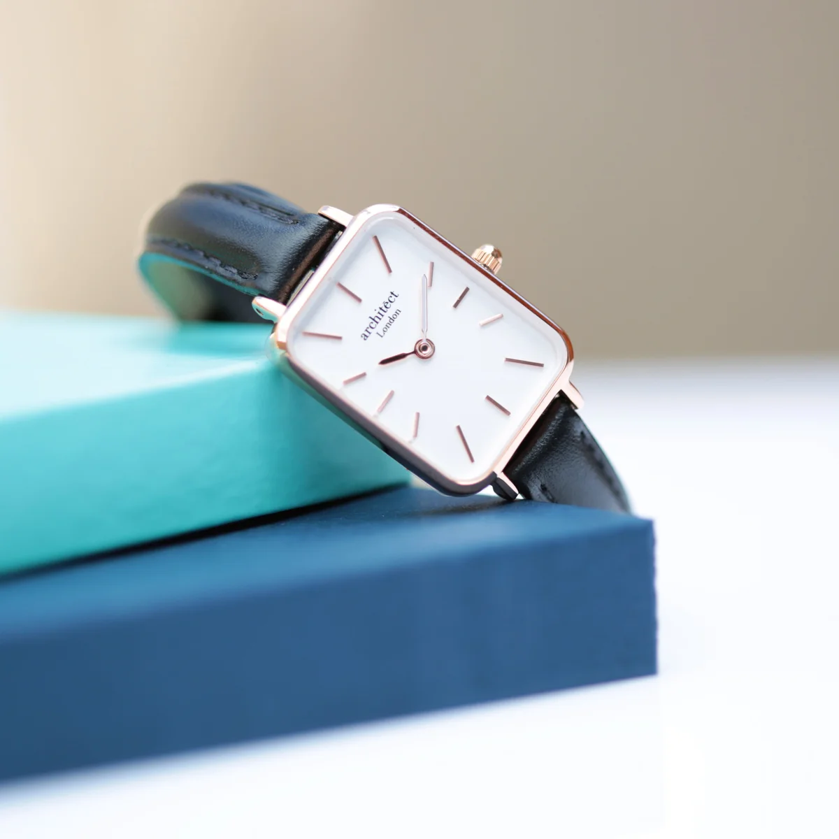 Ladies Architēct Lille personalised engraved watch with white dial, black leather strap, and modern font engraving on back