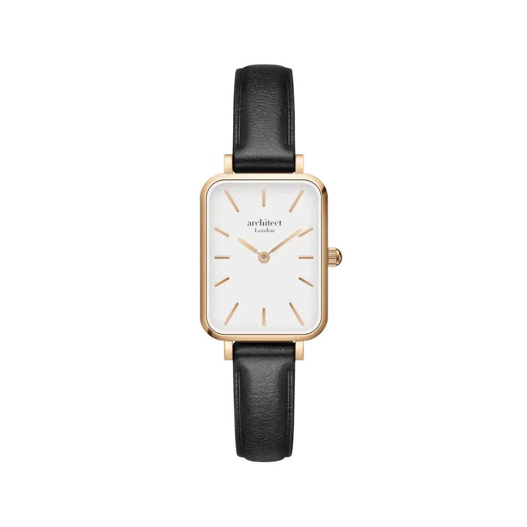 Ladies Architect Lille Japanese quartz watch with polished stainless steel case and black genuine leather strap on white background