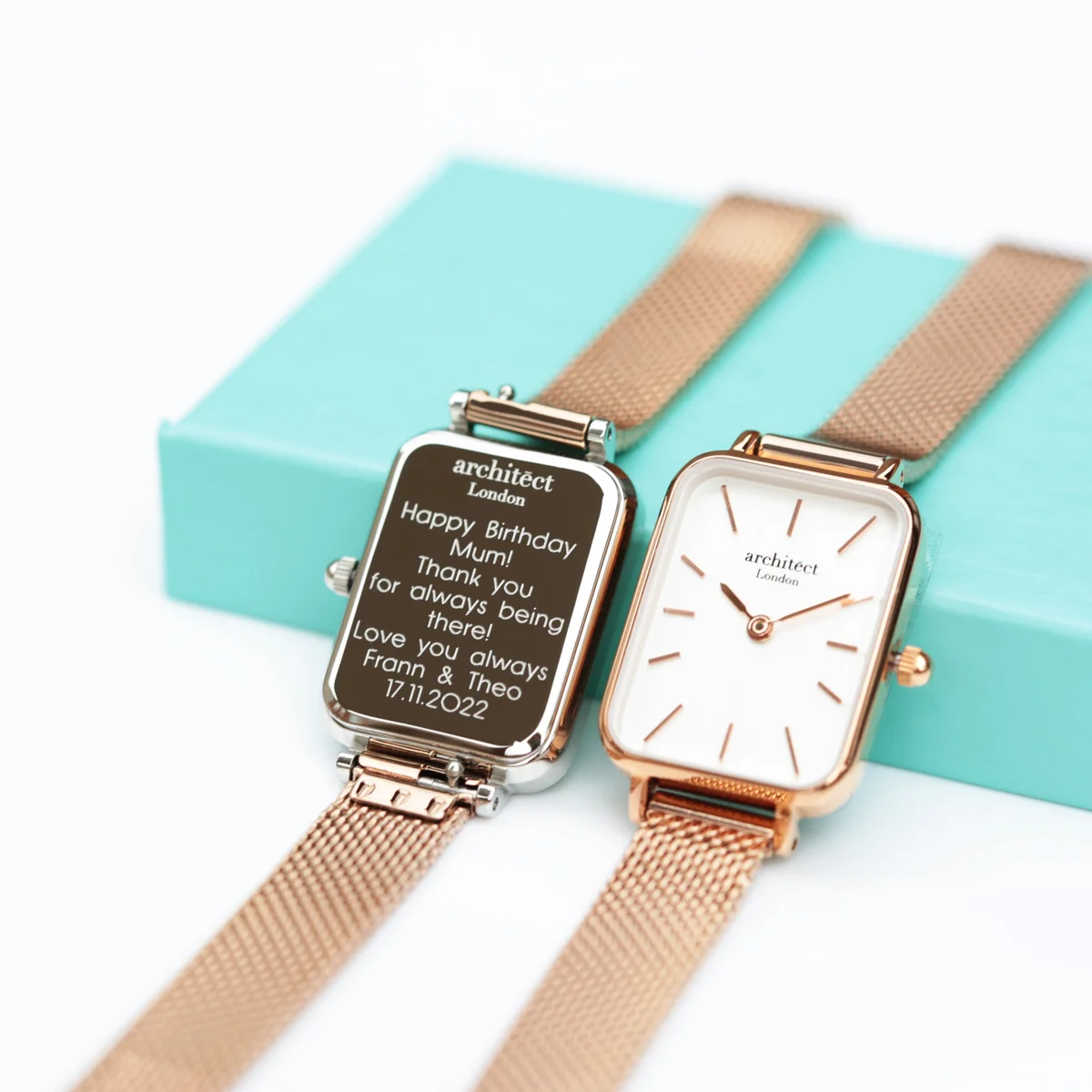 Ladies Architēct Lille rose gold Japanese quartz watch with polished stainless steel case and rose gold mesh strap on white background