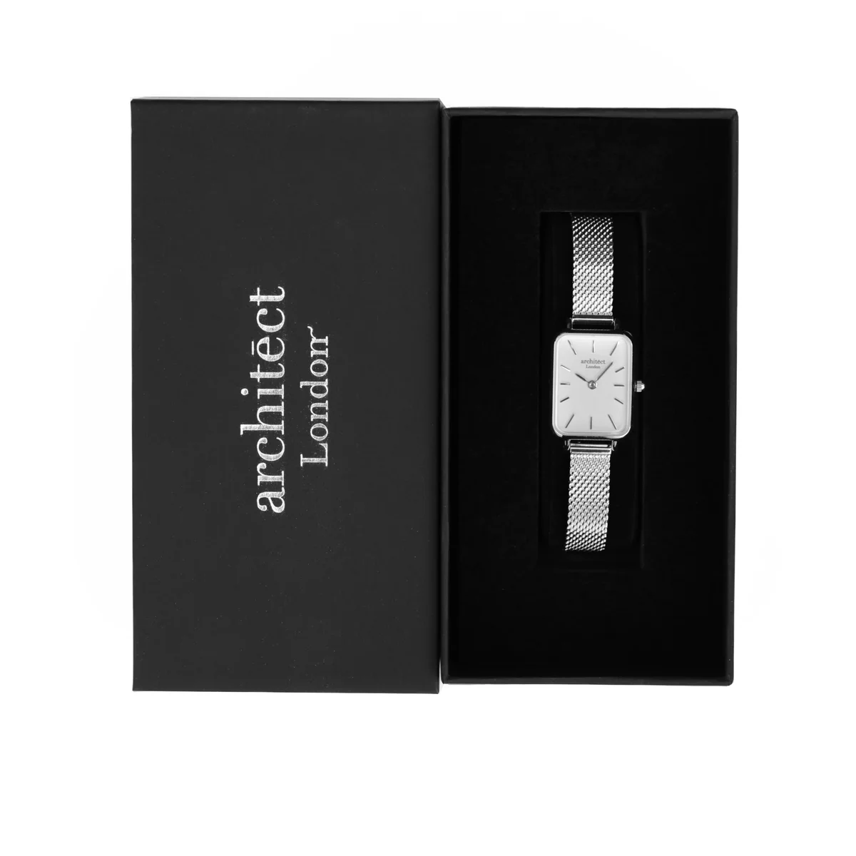 Elegant personalised ladies watch with silver mesh strap and modern font engraving on stainless steel case back
