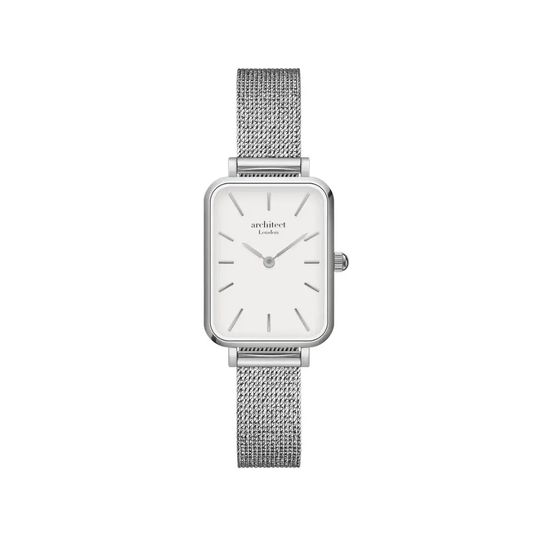 Ladies silver watch with polished stainless steel case, silver mesh strap, modern font engraving on back, in luxury box