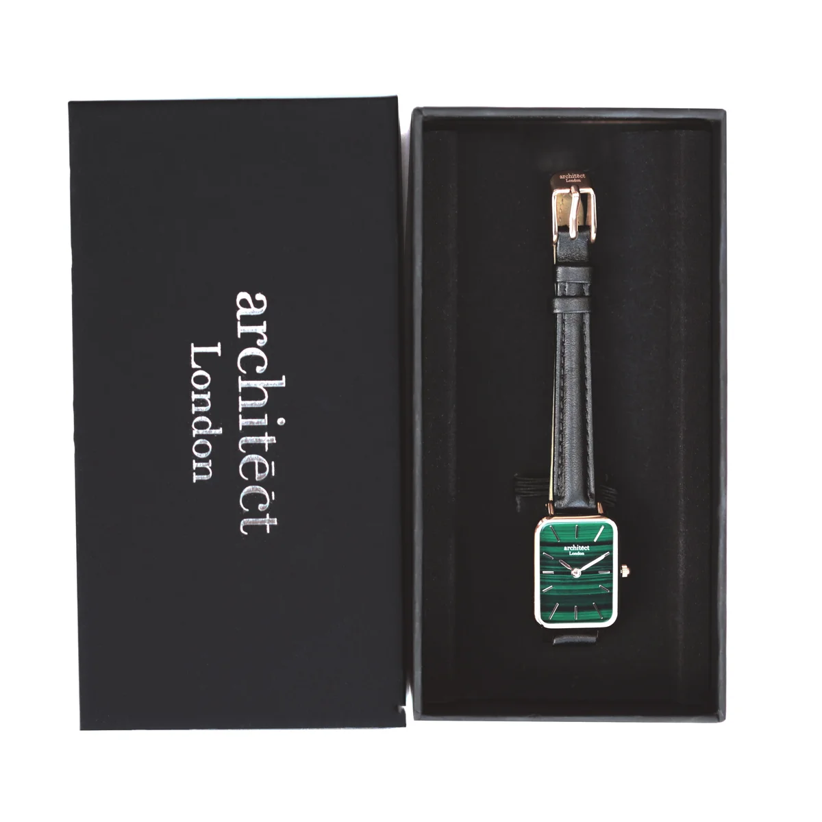 Ladies Architēct Lille watch in pine green with genuine leather strap and Japanese quartz movement watch mechanism visible