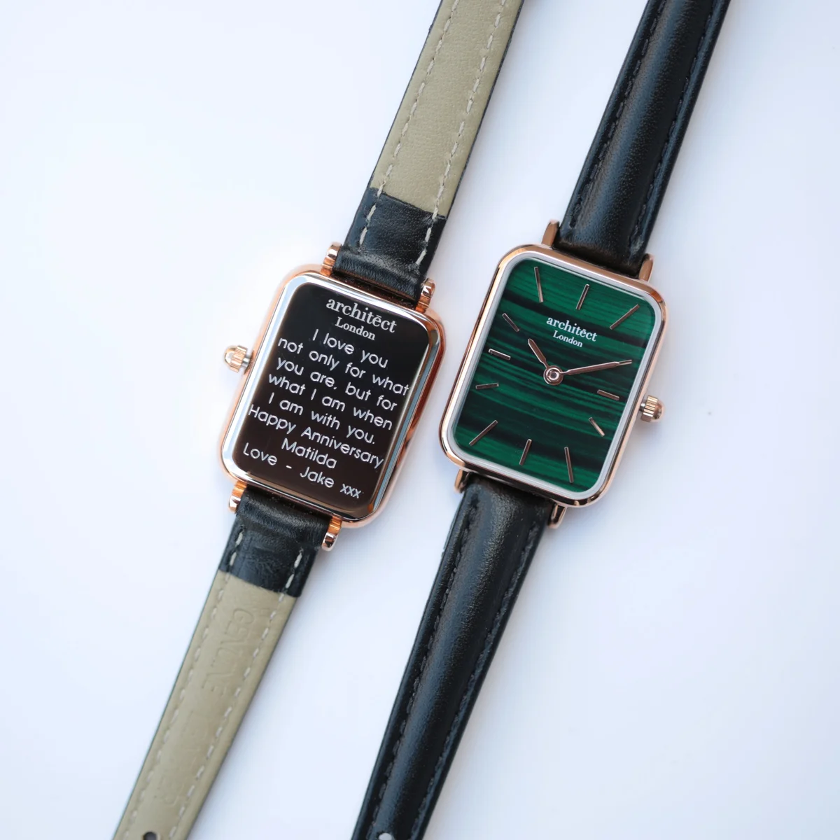 Ladies Architēct Lille watch in pine green with genuine leather strap and modern font engraved watch back detail visible