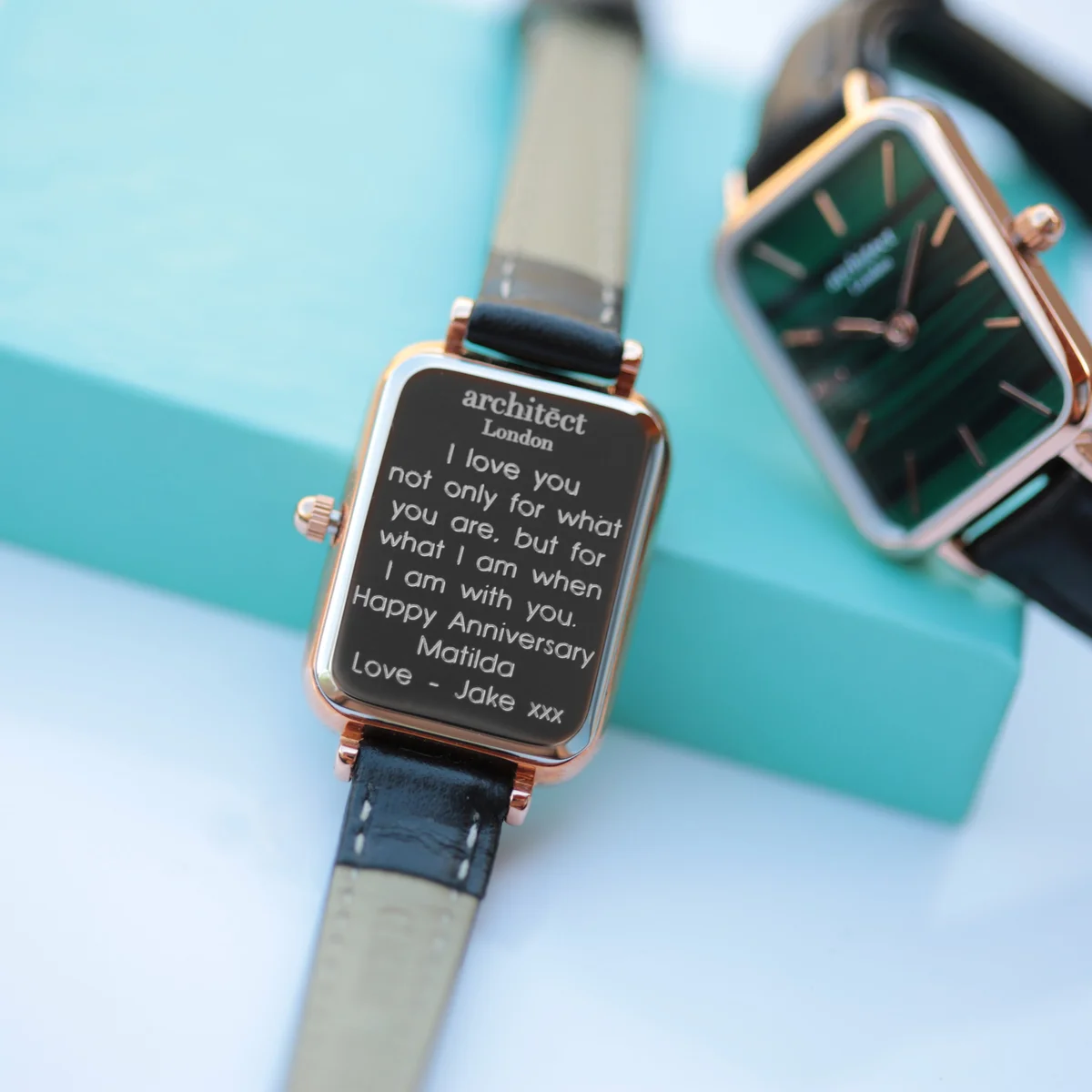 Ladies Architēct Lille watch showing pine green dial with adjustable genuine leather watch strap in black