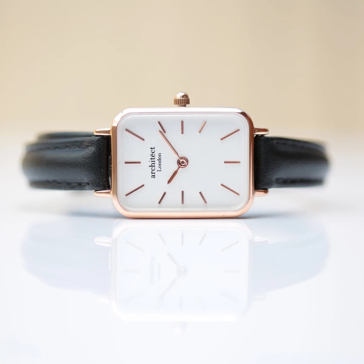 Ladies Architēct Lille watch with stainless steel case, black leather strap, and personalised handwriting engraving on the back