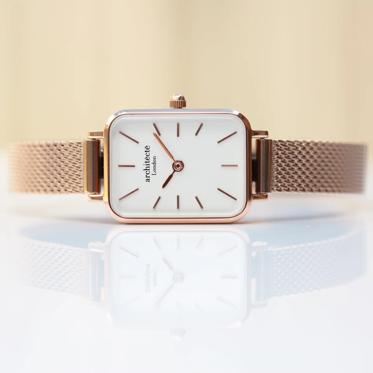 Rose gold ladies Japanese quartz watch with mesh strap and personalised handwriting engraving on the back