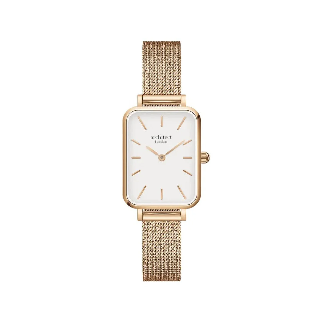 Rose gold ladies handwriting engraving watch with stainless steel case and mesh strap displayed on white background