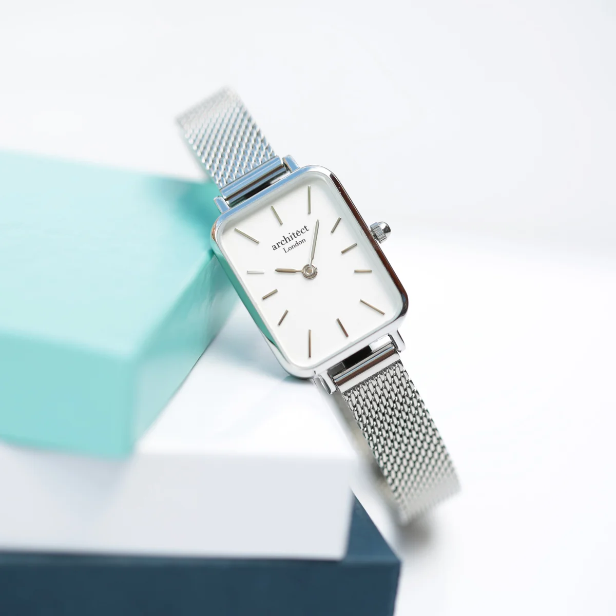Ladies silver mesh strap watch with minimalist silver dial and polished stainless steel case on white background