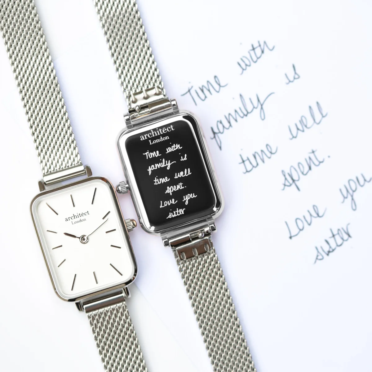 Ladies Architēct Lille everyday elegant watch with cloud silver mesh strap and personalized handwriting engraving on back