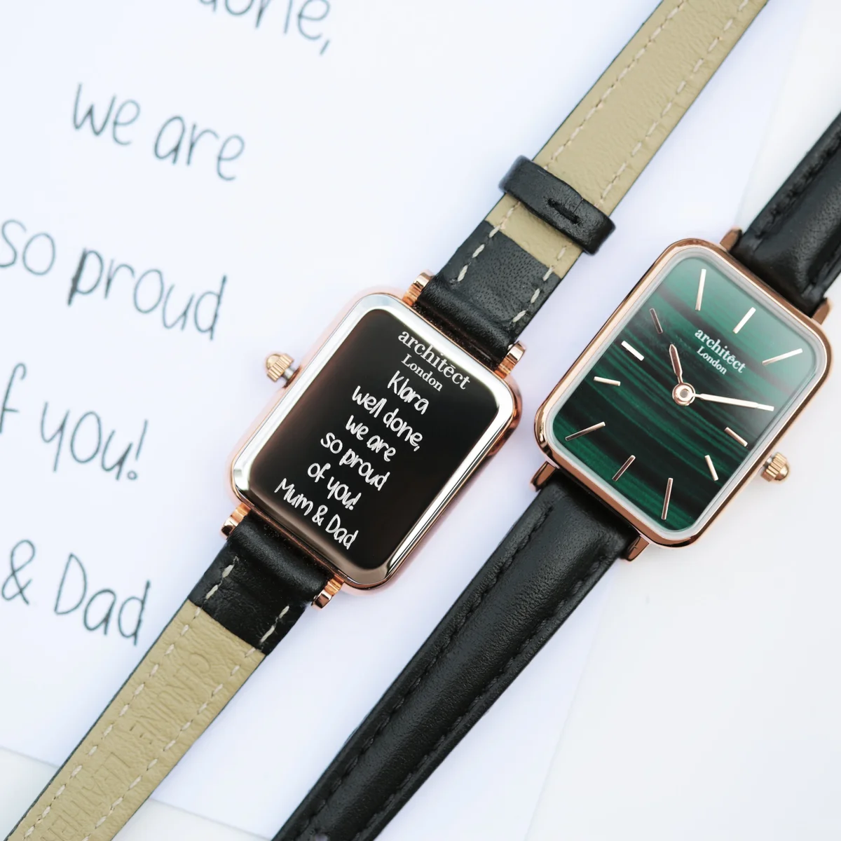 Ladies Architēct Lille pine green watch with genuine leather strap and personalised handwriting engraving watch on back case