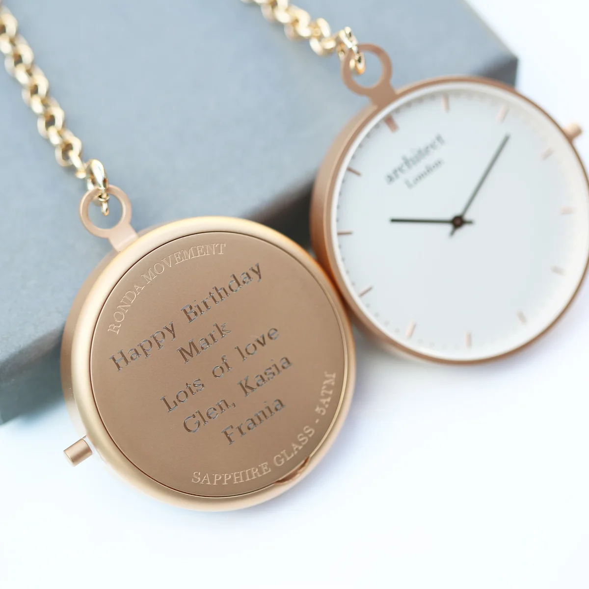 Brushed rose gold modern pocket watch with sapphire glass and modern font engraving on stainless steel case