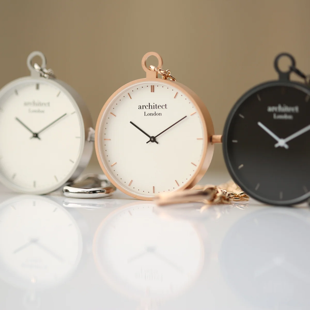 Rose gold modern pocket watch open to show dial and custom handwriting engraving watch on back cover in luxury box