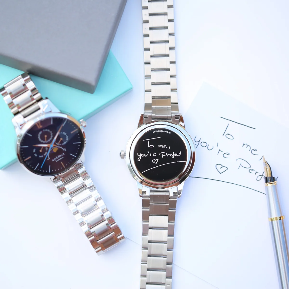 Personalised men's watch with blue dial, moonphase and chronograph subdials, silver stainless steel strap, in luxury box