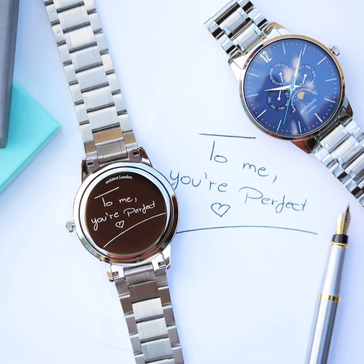 Men’s Architect Apollo blue dial watch with silver stainless steel strap and moonphase chronograph subdials on display