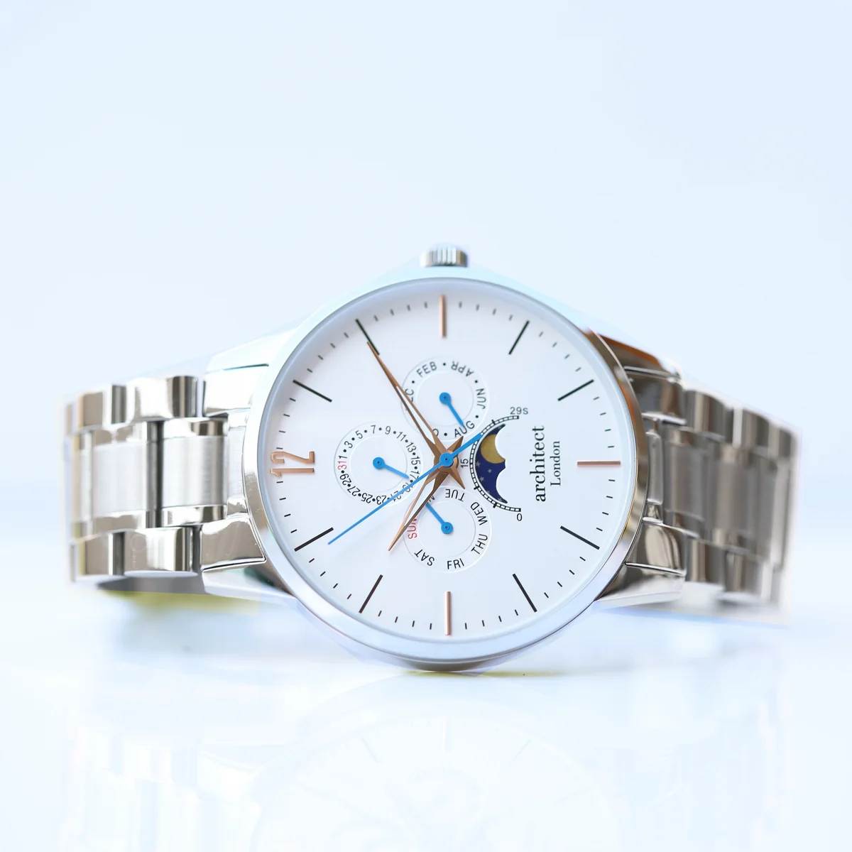 Men's personalised moonphase watch with white dial, silver stainless steel strap, chronograph subdials, and modern font engraving area
