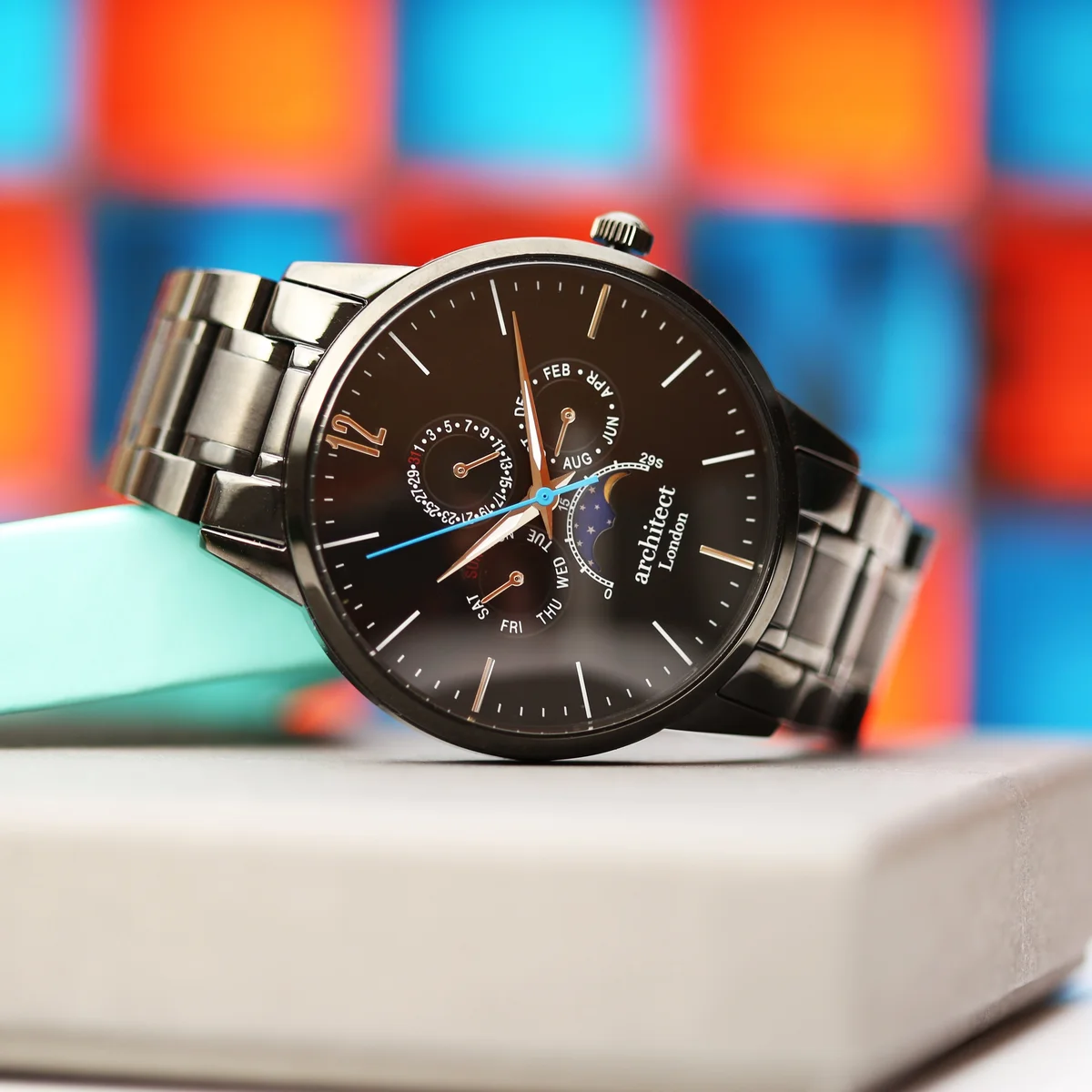 Men's personalised moonphase watch in shadow black with stainless steel band and chronograph subdials on black dial