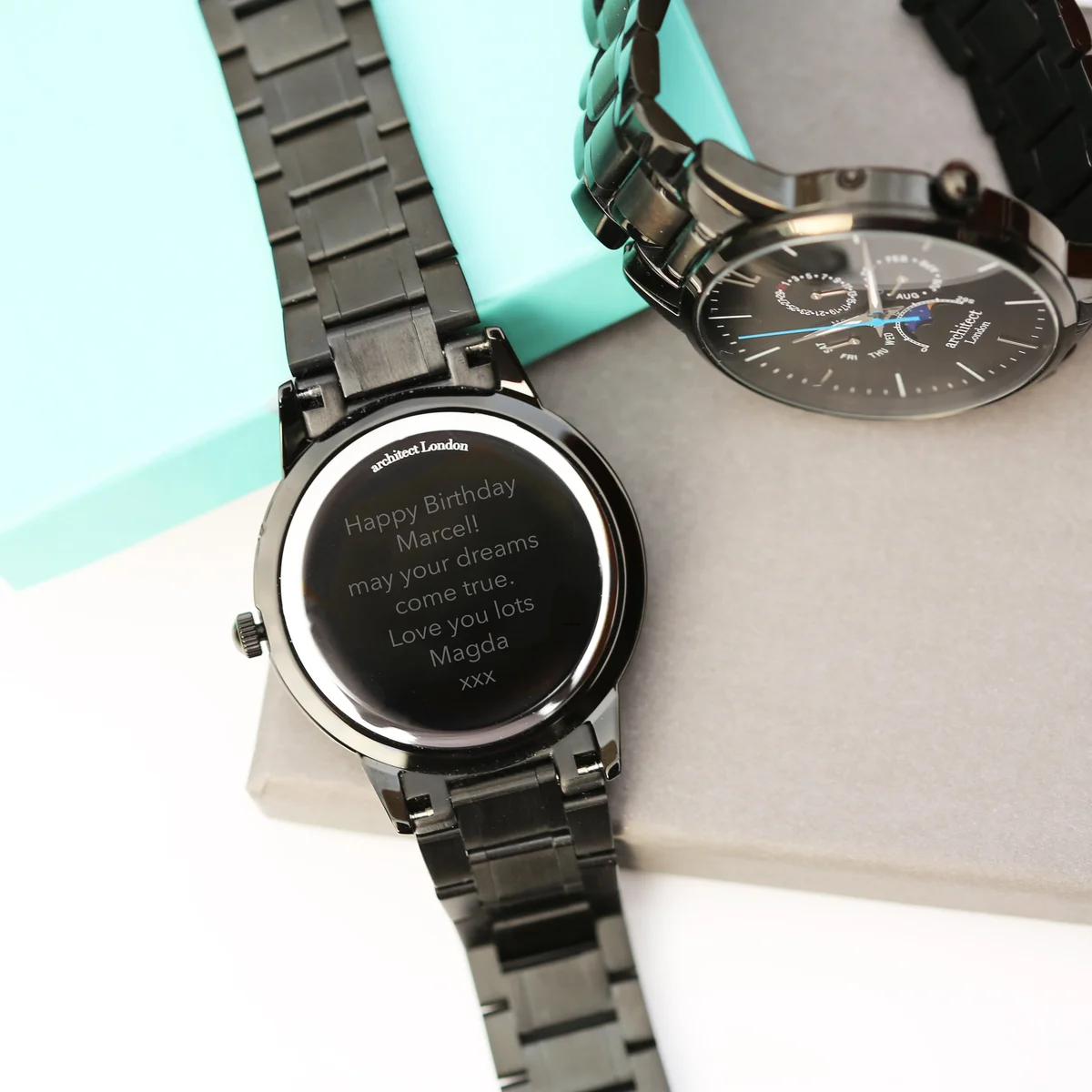 Men’s Architect Apollo black Japanese movement watch showing moonphase and chronograph subdials with stainless steel strap