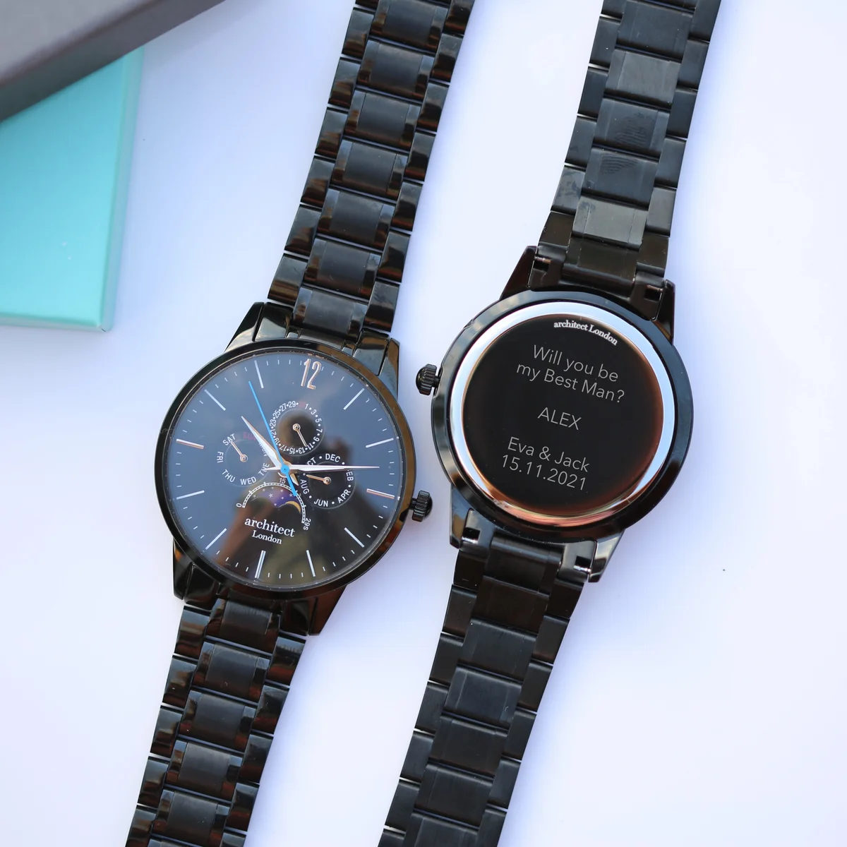 Men’s Architect Apollo black stainless steel watch with moonphase and chronograph subdials on black strap