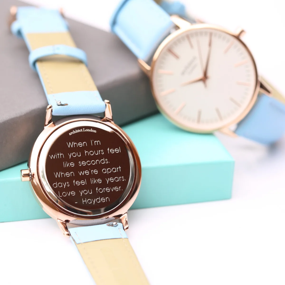 Ladies personalised watch with light blue genuine leather strap and polished stainless steel case, minimalist white dial