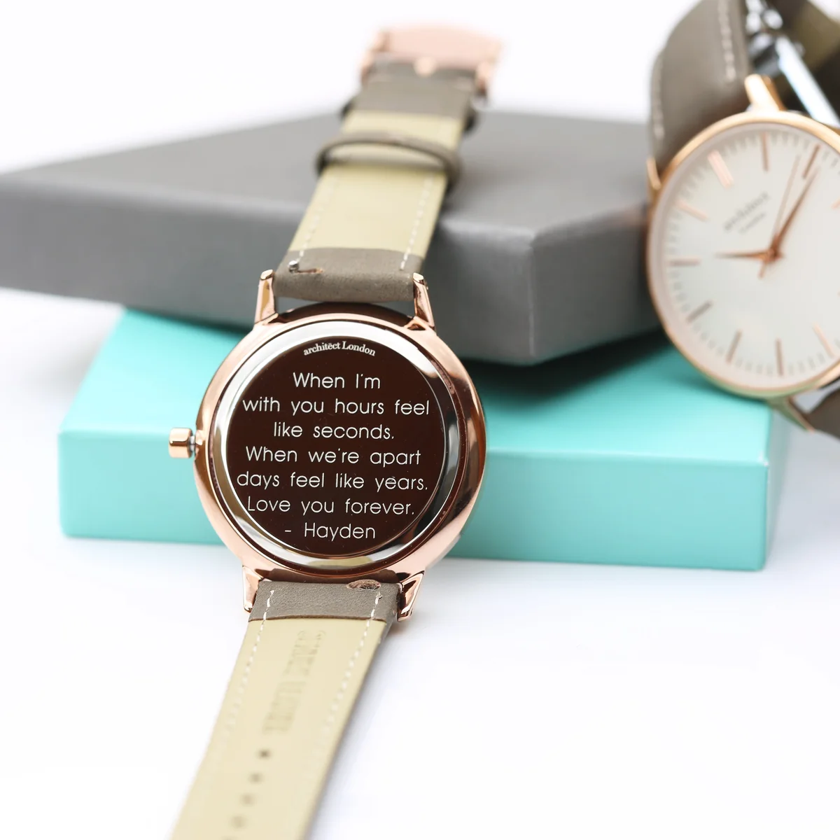 Ladies Architēct Blanc quartz movement watch with polished stainless steel case and light grey genuine leather strap