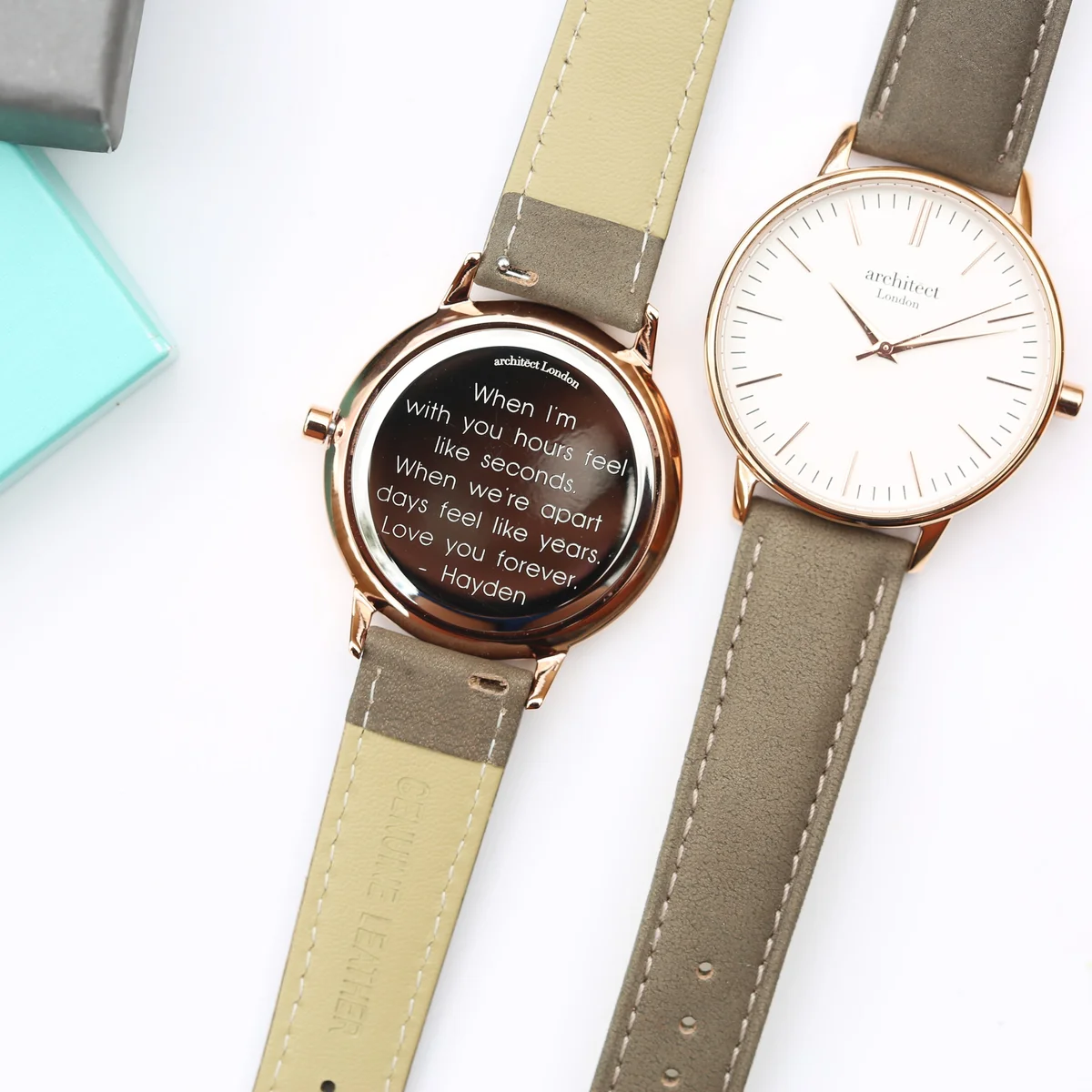 Ladies Architēct Blanc watch with stainless steel case, light grey leather strap, and minimalist white dial on white background