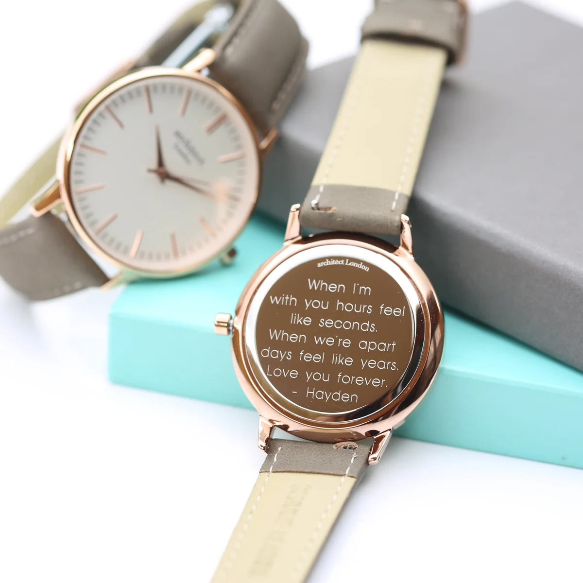 Ladies Architēct Blanc watch back showing personalised modern font engraving on polished stainless steel case