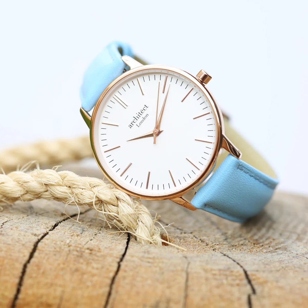 Ladies Architēct Blanc quartz movement watch with light blue genuine leather strap and polished stainless steel case