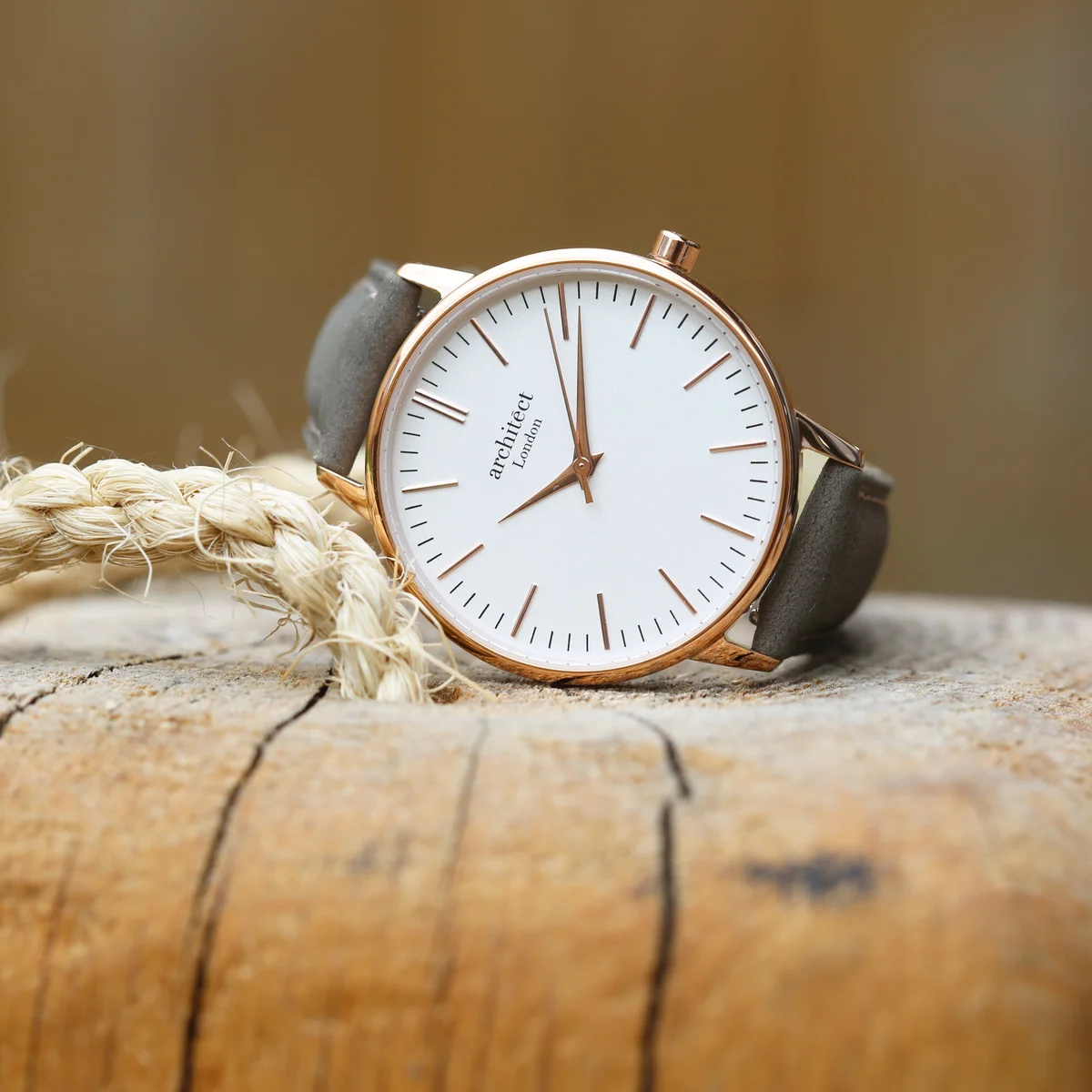 Ladies Architēct Blanc handwriting engraving watch with light grey leather strap and polished stainless steel case on white background