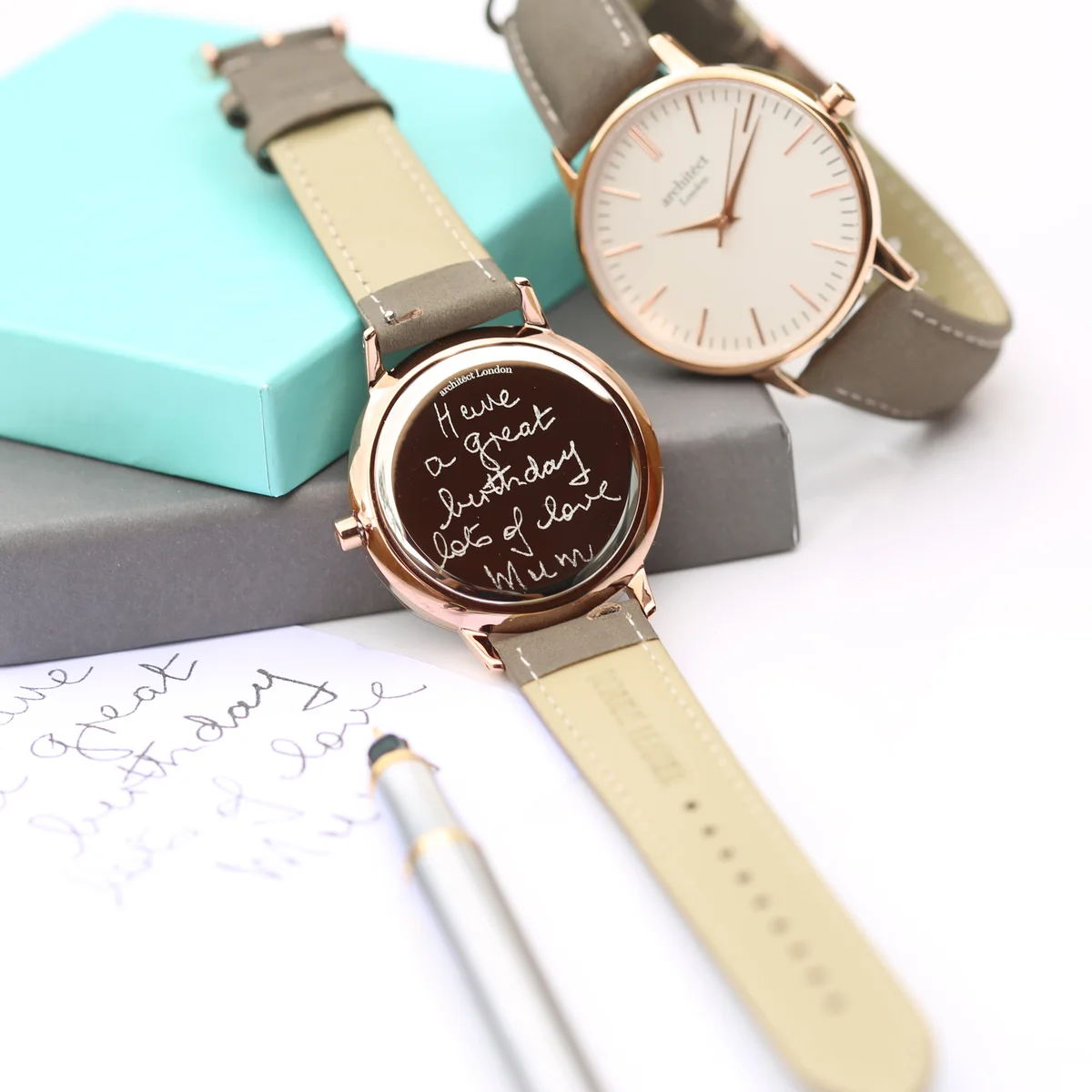 Ladies Architēct Blanc quartz movement watch with light grey leather strap and stainless steel case, personalised engraving visible