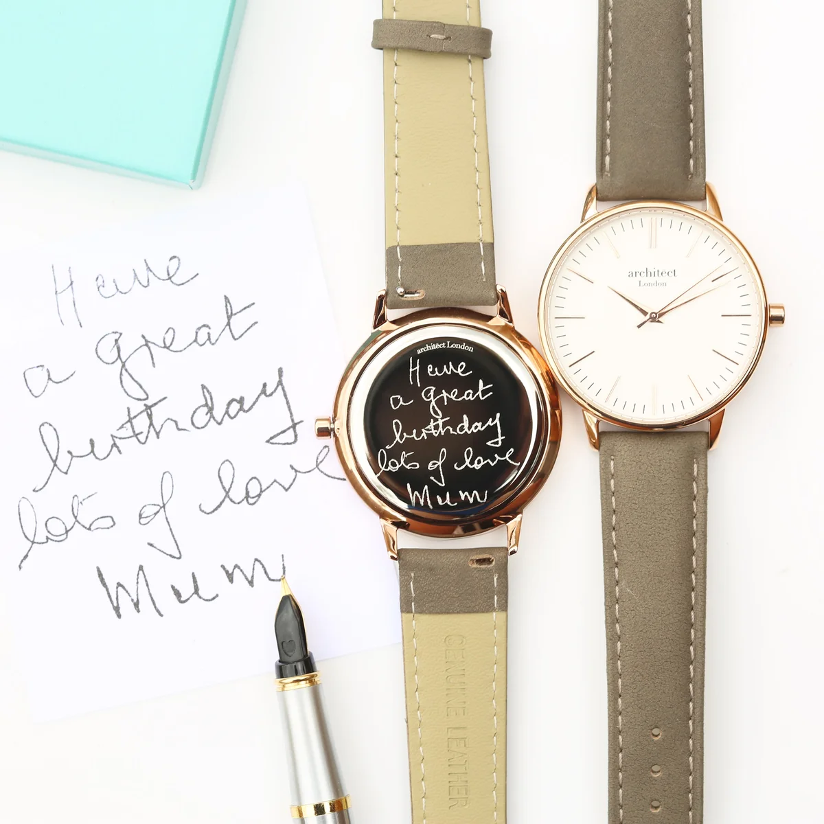 Ladies Architēct Blanc everyday women watch with light grey genuine leather strap and stainless steel case, handwriting engraving back
