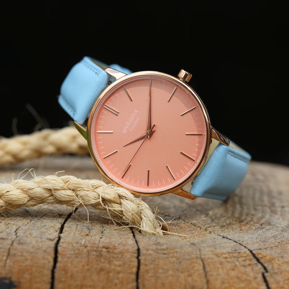 Ladies Architēct Coral watch with coral dial, light blue leather strap, engraved back, perfect everyday use women's watch