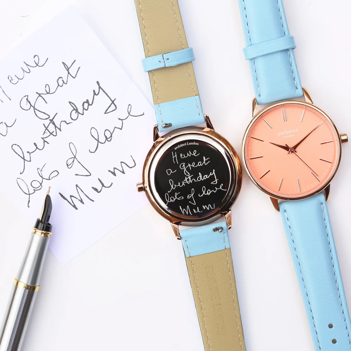 Ladies personalised watch Architēct Coral with apricot coral dial, light blue leather strap, and stainless steel case
