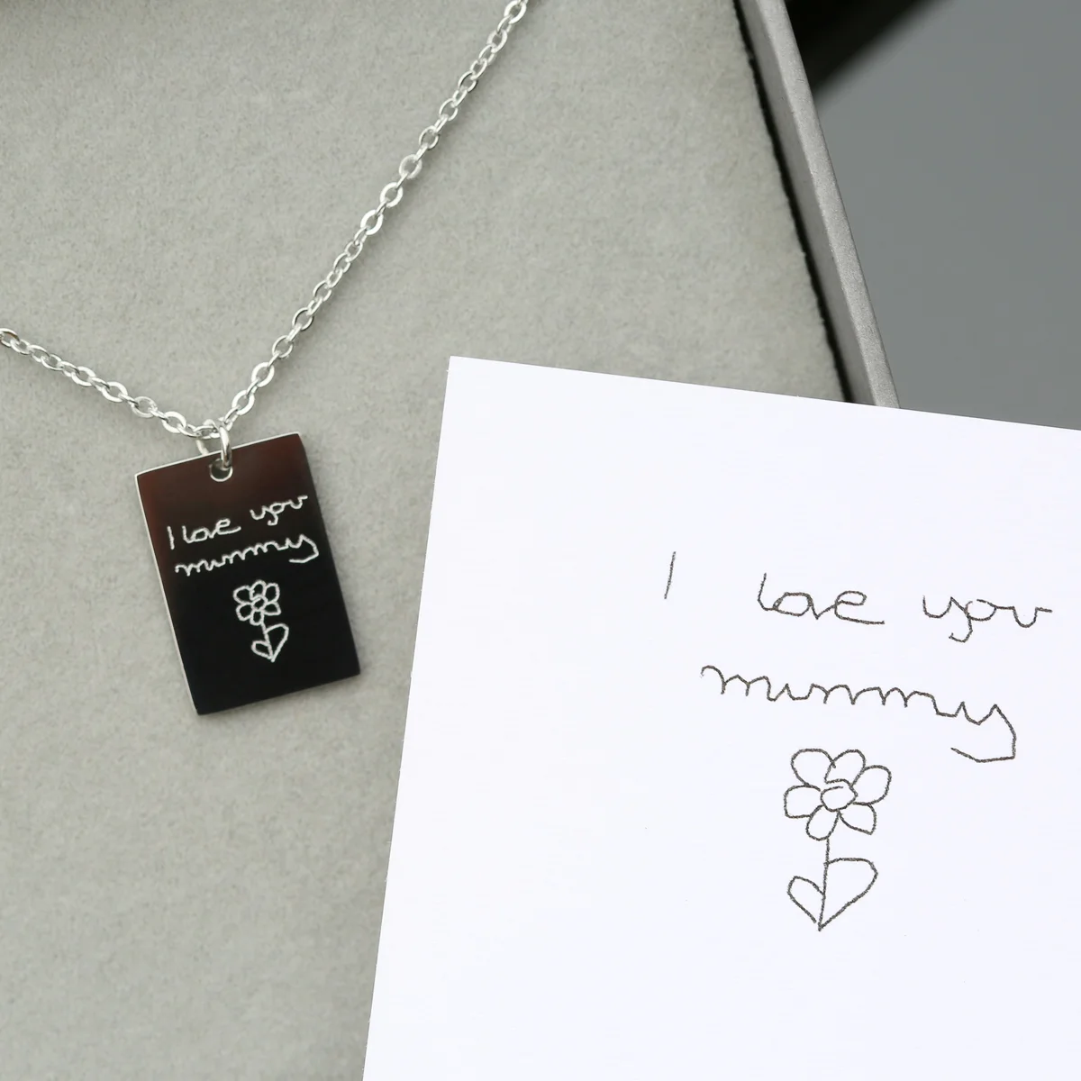 Dazzle personalised engraved handwriting necklace in silver with delicate script on rectangular pendant and 48cm chain