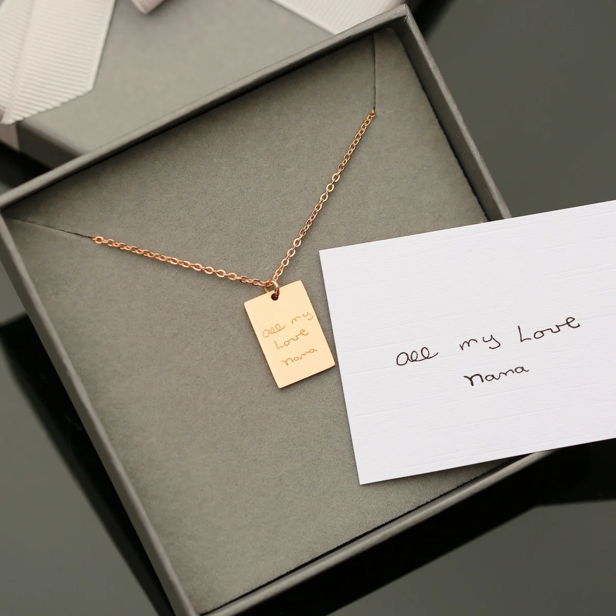 Dazzle personalised handwriting necklace in rose gold with delicate engraved handwriting on rectangular pendant and chain