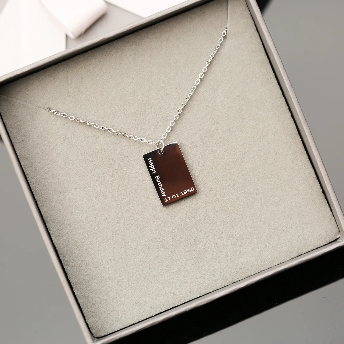 Personalised dazzle necklace in modern font on silver pendant with 48cm chain and gift box from Wear We Met