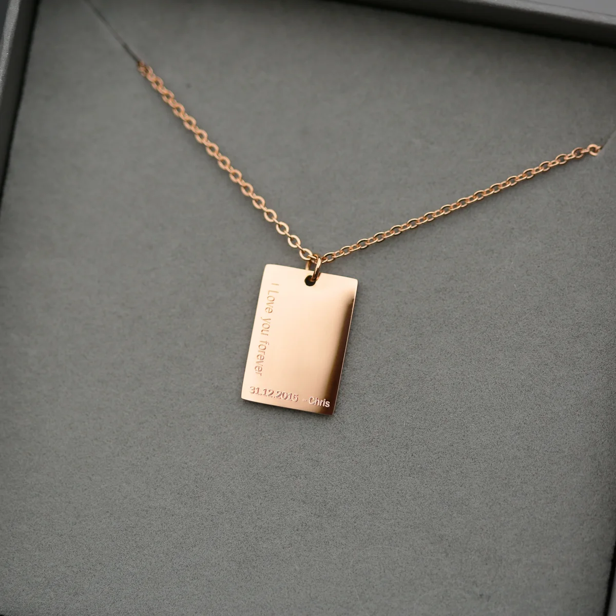 Dazzle necklace in rose gold with modern font engraving on 48cm chain, a sentimental personalised gift in gift box
