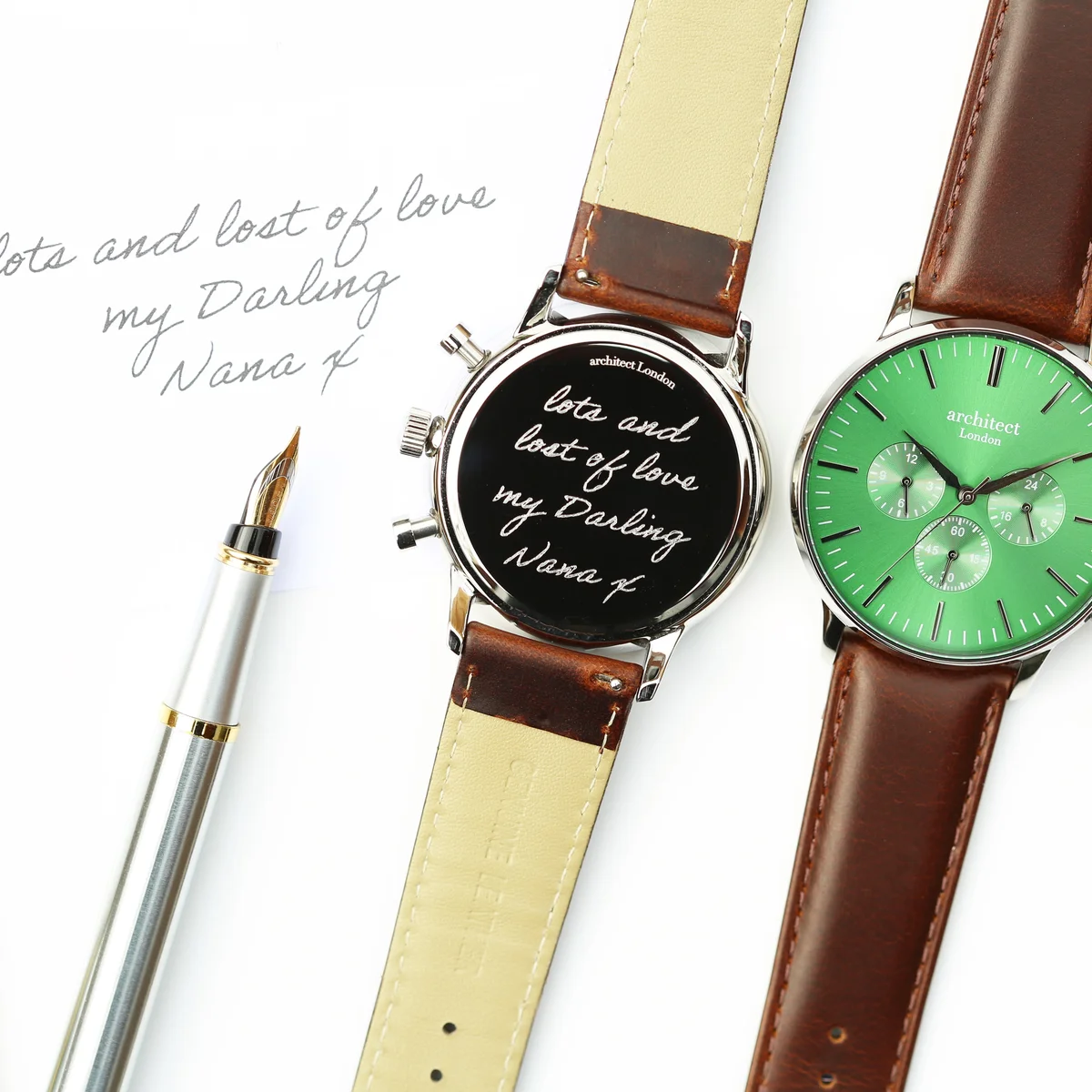 Men’s personalised watch with green dial, three chronograph subdials, and dark brown walnut leather strap