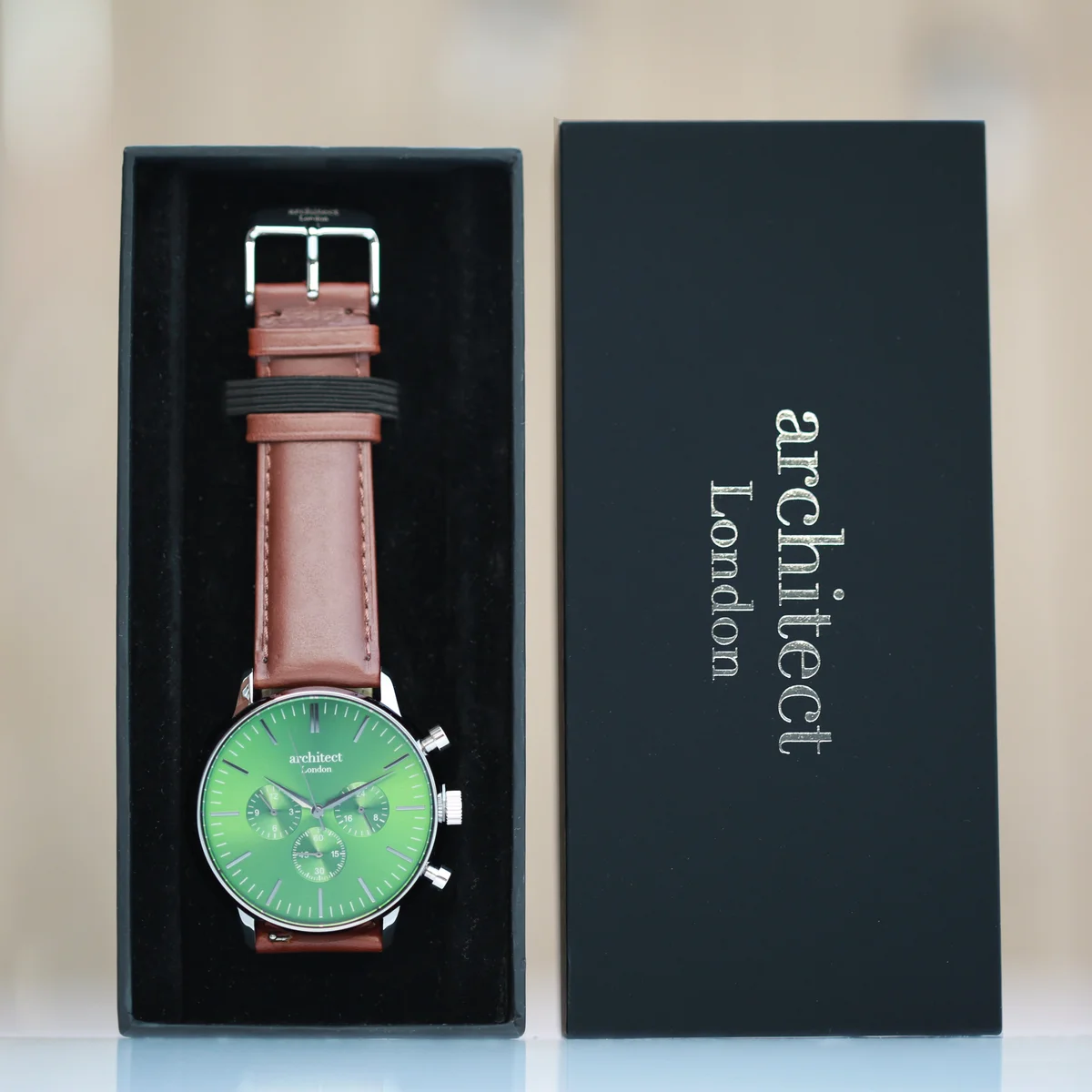 Men’s Architect Motivator quartz movement watch with green dial, walnut leather strap, and three chronograph subdials