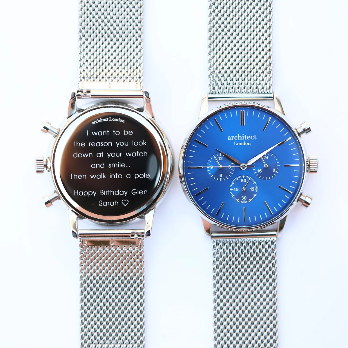 Men's architect watch in deep-space blue with silver Milanese mesh strap and three chronograph subdials on dial