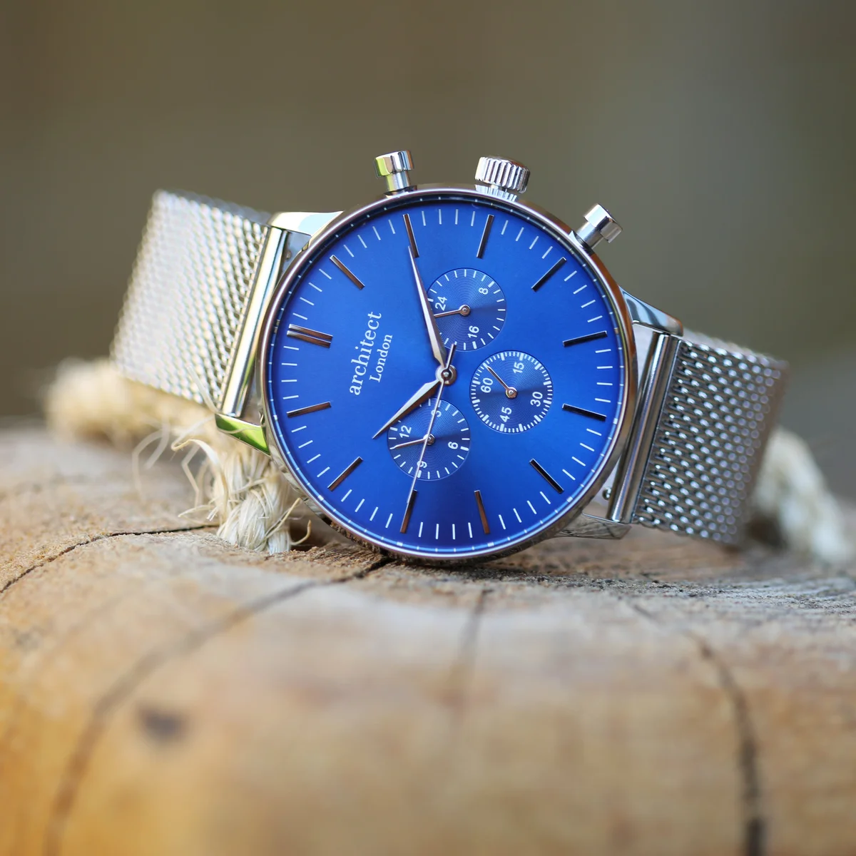 Men's deep-space blue chronograph subdials watch with silver Milanese mesh strap and polished stainless steel case
