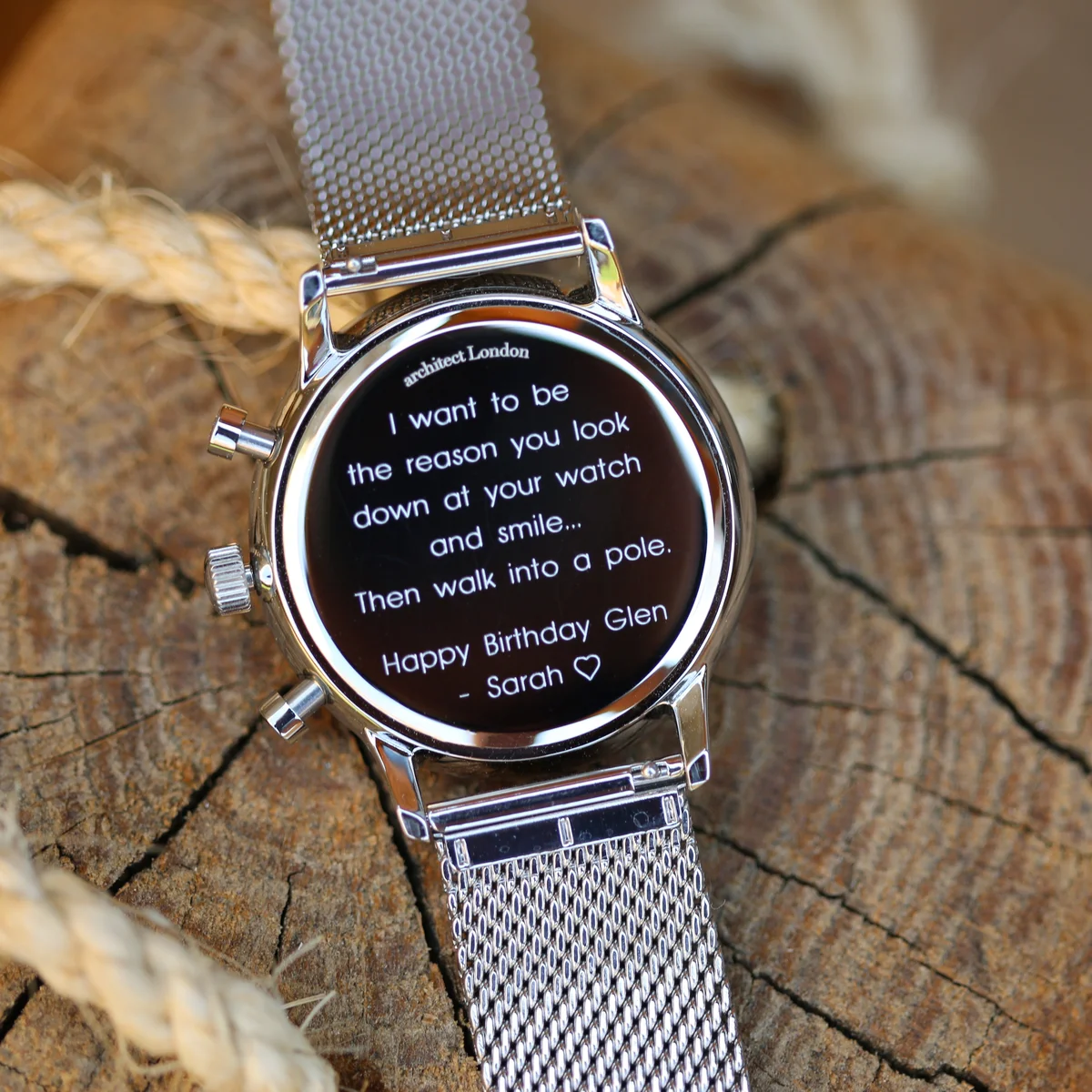 Engraved mens watch with envy green dial, silver mesh strap, three chronograph subdials, and modern font engraving area