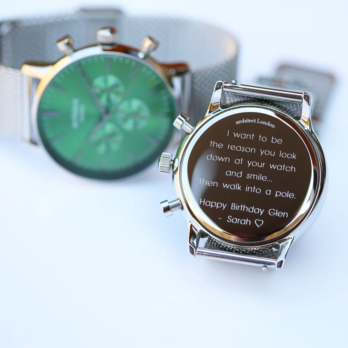 Men's chronograph mesh strap watch in envy green with silver Milanese band and three subdials on green dial