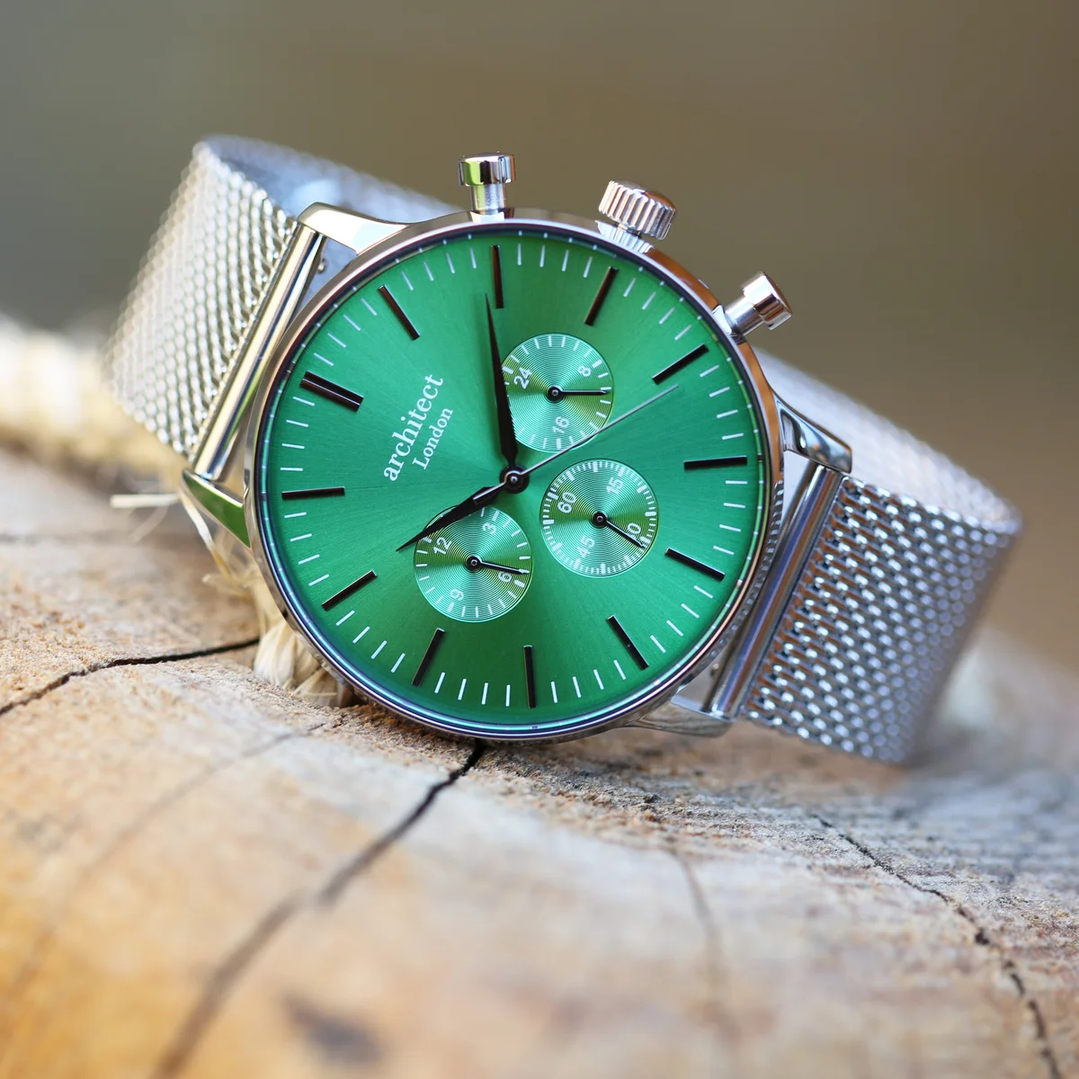 Men’s Architect Motivator quartz movement watch in envy green with silver mesh strap and three chronograph subdials