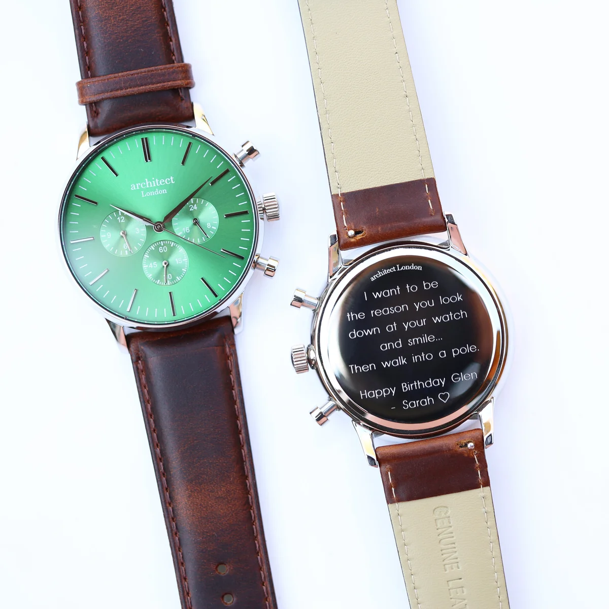 Men's engraved leather watch with envy green dial, walnut brown strap, and three chronograph subdials on white background