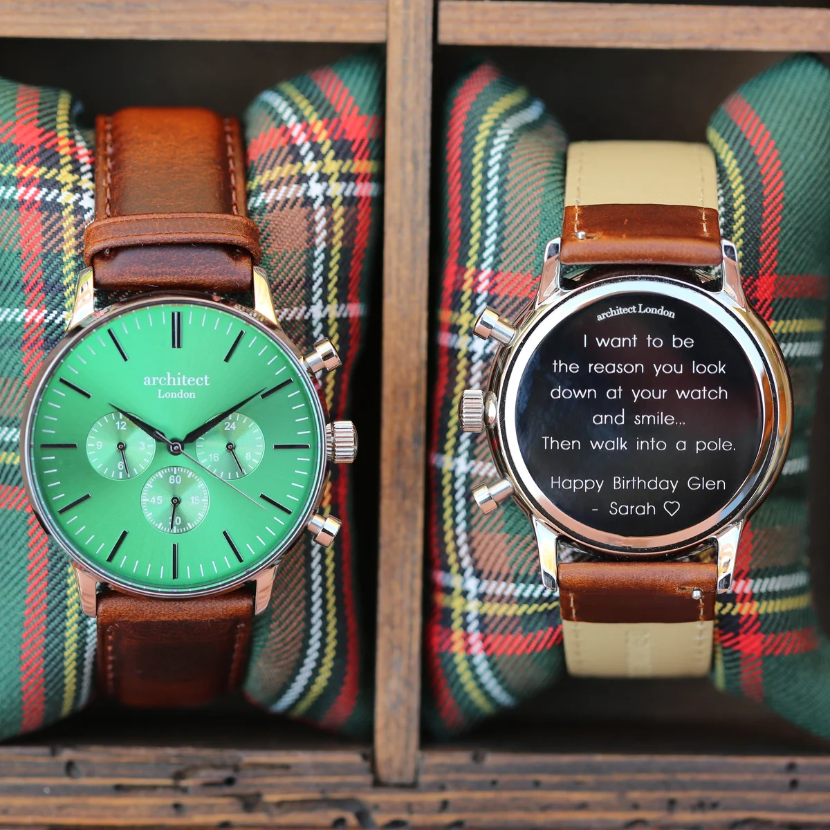 Chronograph men's watch in envy green with walnut brown leather strap and three subdials on polished stainless steel case